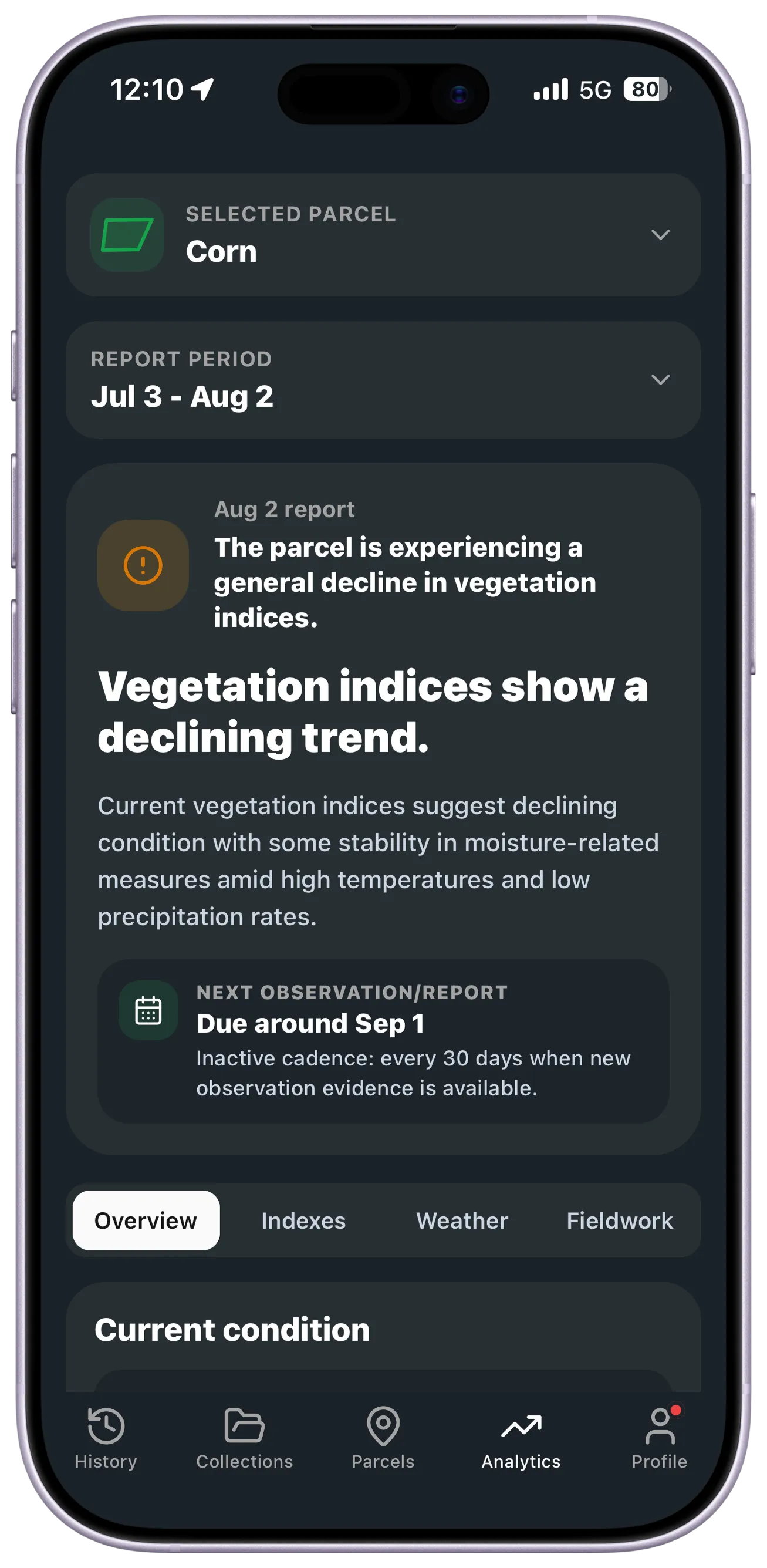 Main analytics overview for a parcel.