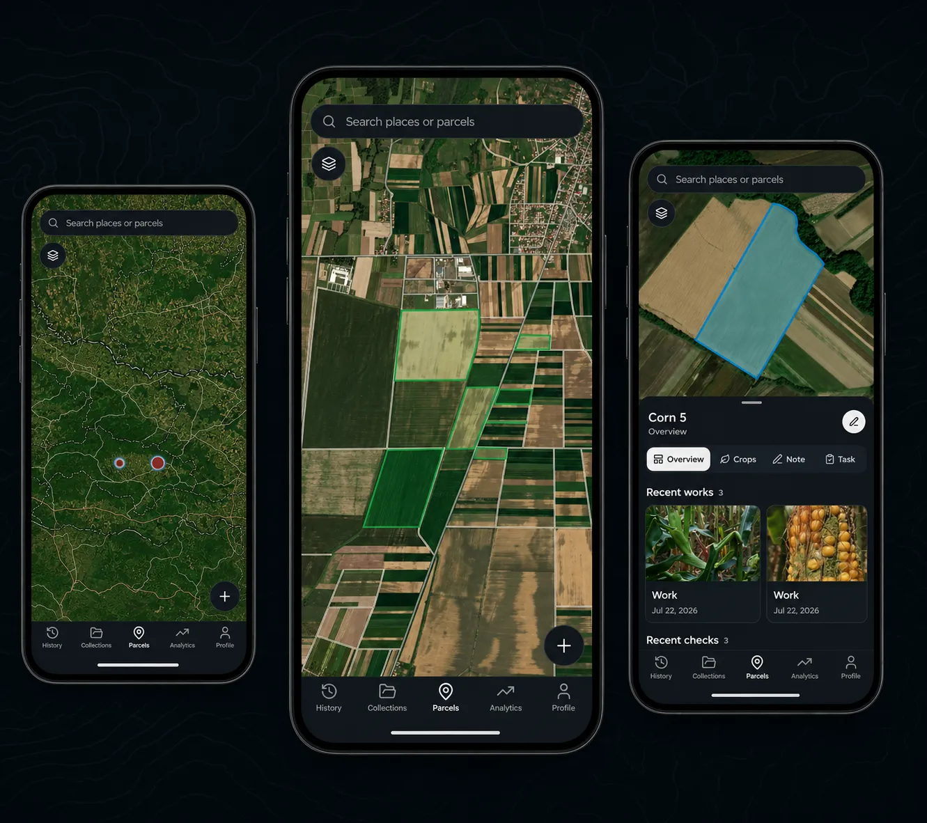 Agroconda operation overview with a map of multiple parcels and a selected parcel.