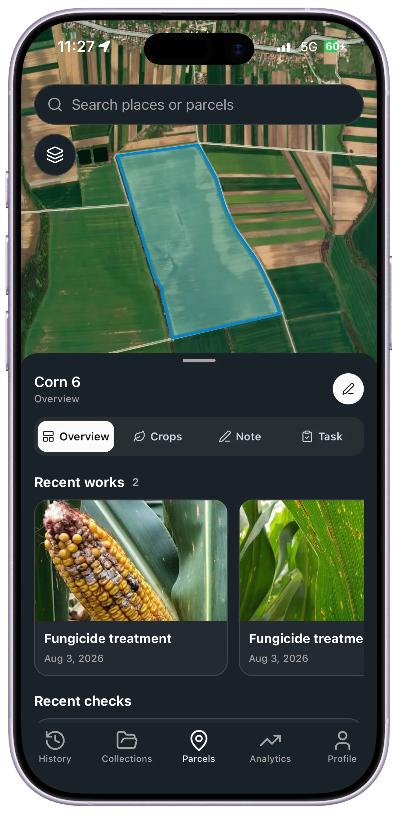 Selected Corn 6 parcel with crops and recent fieldwork.