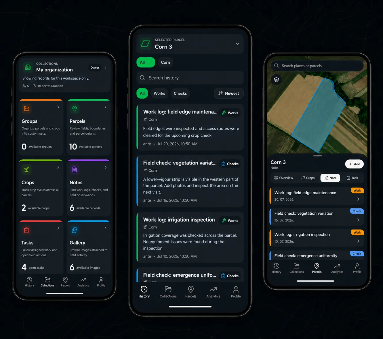 Parcel history, notes, and activity overview.
